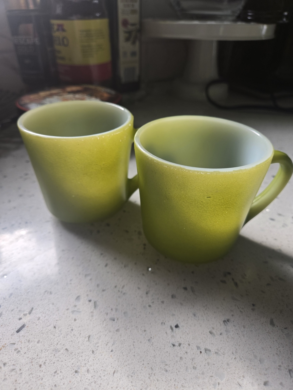 Vintage Anchor Hocking Fire-King Avocado Green Ombre Milk Glass Mugs